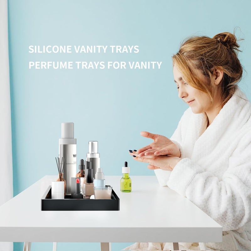 BBK Bathroom Vanity Tray- 2 Pack (7.8'' and 11.8'') Silicone Bathroom Tray for Counter, Perfume Key Trinket Ring Tray, Decor Soap Dispenser Countertop Tray for Kitchen Sink Organization.(Black) (VT2) - Image 2
